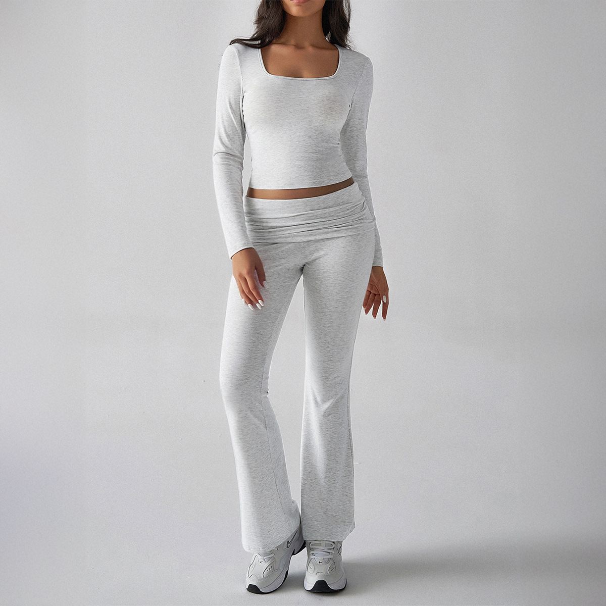 KaiKuo 2024 Autumn/Winter European American Y2K Casual Slim Fit U-Neck Long Sleeve Top And Flared Pants Women's_ecoleips.com