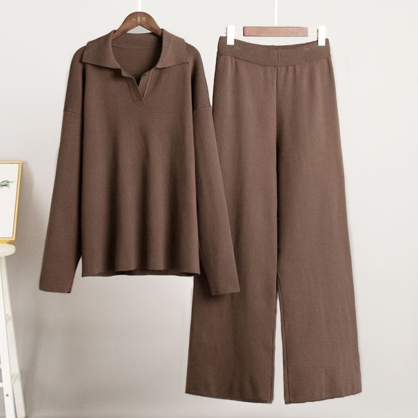 Women's Clothing knitted suit autumn and winter sweater suit Polo collar knitted pullover + wide leg trousers two piece set_ecoleips.com