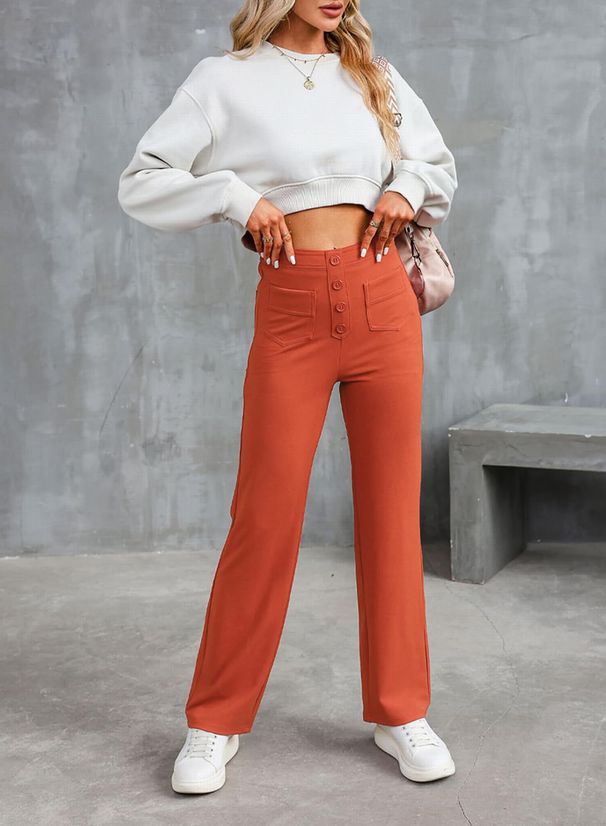 Women's Clothing Women's Casual Straight Leg Pants High Waist Button Elastic With Multiple Pockets Fashion For Formal & Casual For Women_ecoleips.com