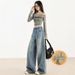 Orange Silk Women's Clothing#American Style Design Wide-Leg Jeans Spring High-Waisted Loose Slimming Floor-Length_ecoleips.com
