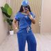 Women's Style Denim Set Round Neck Short Sleeve Top With Tie Waist Loose Straight Leg Trousers_ecoleips.com