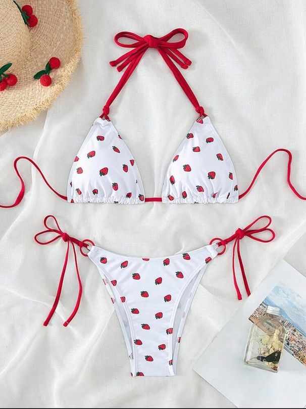 Strawberry Print Bikini Set for Women Adjustable Triangle Top And Tied Bottoms Cute Swimwear for Beach Pool Party Summer Vacation_ecoleips.com