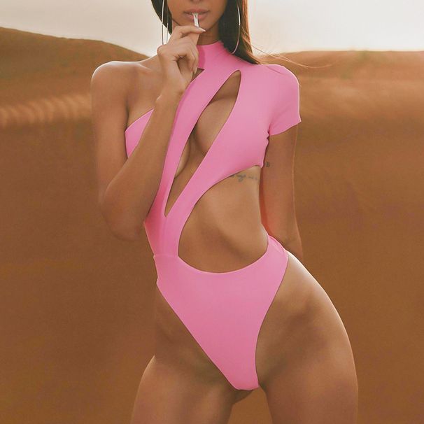 Summer Sexy Solid Color Women's Crop Top round Neck One Shoulder Hollow out Design European American Style Clothing_ecoleips.com
