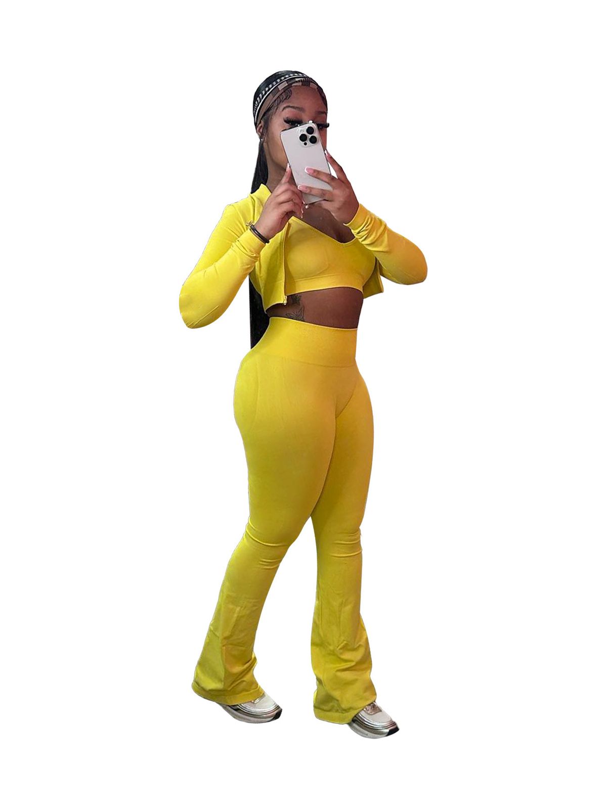 Women's High Waist Short Top Three Piece Suit Micro Flared Casual Sports Set Basic Solid Color_ecoleips.com