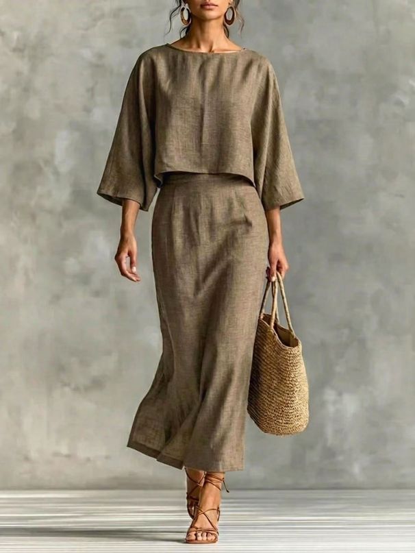 Elegant Women's High-Waisted Midi Skirt Suit European American Style round Neck Three Quarter Sleeve Loose Top for Commuting_ecoleips.com