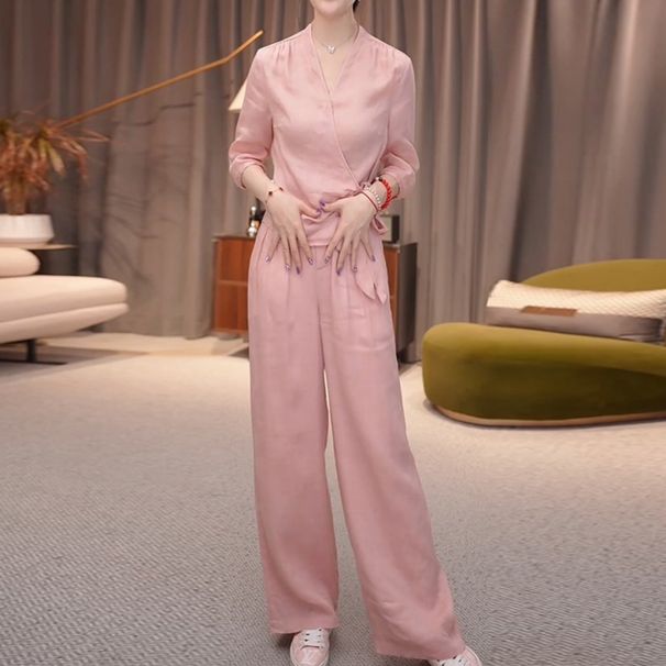 5235 Cotton And Set For Women Two-Piece Fashionable Casual Sports Linen Wide-Leg Pants_ecoleips.com