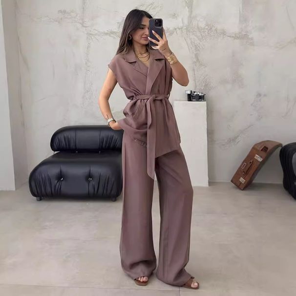 European And American Fashion Casual Suit Sleeveless Oversize Lace Up Cardigan High Waist Trousers Suit_ecoleips.com