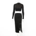 016AA European American Foreign Trade Autumn New Sexy Tight-fitting Cropped Long-sleeve Top With Slit And Bodycon Skirt_ecoleips.com