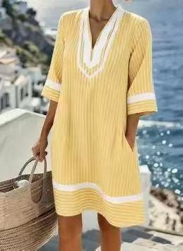 Women's V-Neck Striped Beach Dress Lightweight Summer Casual Sundress A-Line with Short Sleeves Sun Protection for Vacation_ecoleips.com