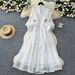 French Retro Elegant Women's Long Dress High End Stand Collar Single Breasted Waist Cinching Embroidered Mesh New Style_ecoleips.com