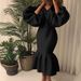Women's Clothing Large Size Women's Fashion Solid Color V Neck Bubble Long Sleeved Mermaid Skirt Dress_ecoleips.com