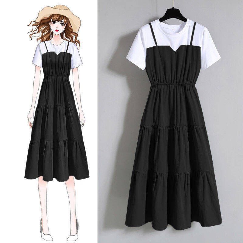 Women's Clothing Women's Fashion Sling Two Piece Long Skirt Summer Fat Girl New Style Slim Short Sleeved Dress_ecoleips.com