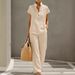 Women's Casual Short Sleeve Cardigan And Trousers Set Solid Color Lazy Style Clothing_ecoleips.com