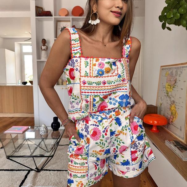 Women's Clothing Spring And Summer New Strap Printed Suit INS Loose Vacation Pocket Two-piece Set_ecoleips.com