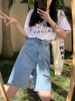 K Cowboy Retro Denim Shorts Women's New High Waisted Straight Leg Five Quarter Pants Loose Wide Leg Shorts_ecoleips.com