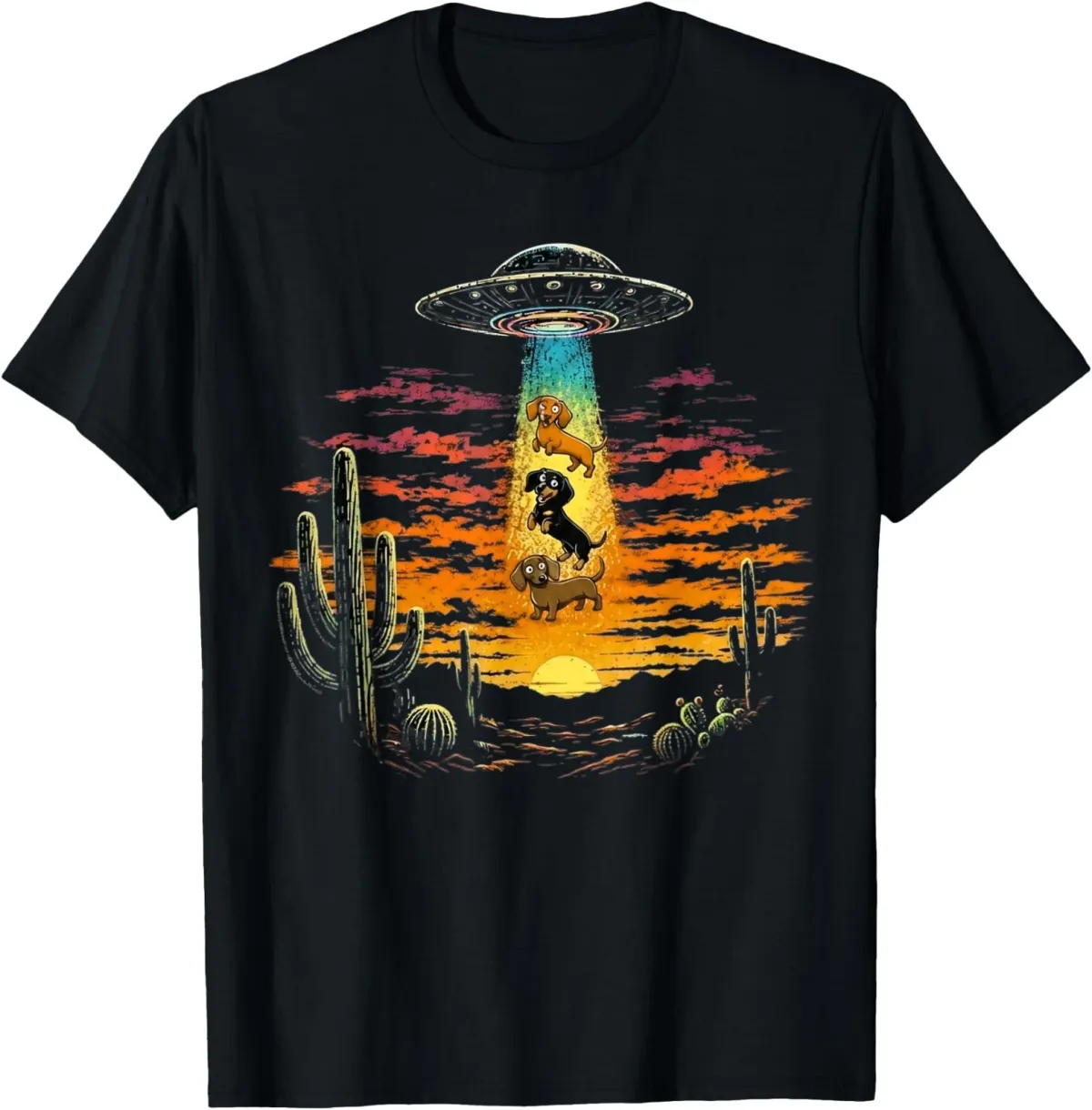 Women's T-Shirts Cute Dachshund UFO Alien Abduction Desert Sunset Design T-Shirt_ecoleips.com