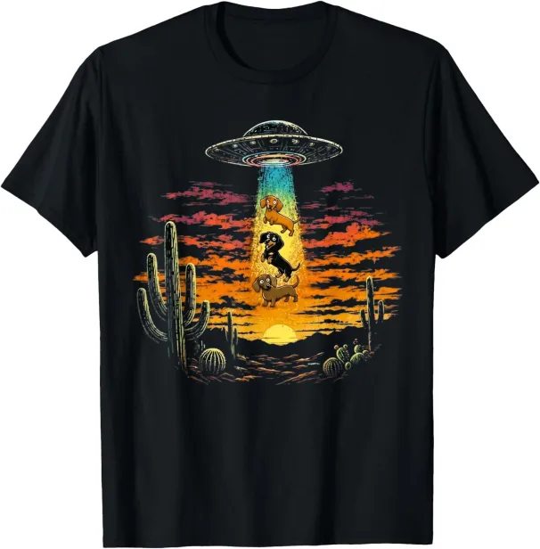 Women's T-Shirts Cute Dachshund UFO Alien Abduction Desert Sunset Design T-Shirt_ecoleips.com