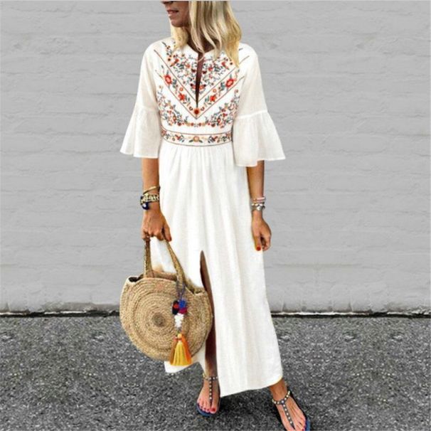 European Clothing In A Simple Style, Casual Mid-sleeve Printed Mini Skirt, Women's Long Dre, Bohemian Ethnic Style_ecoleips.com