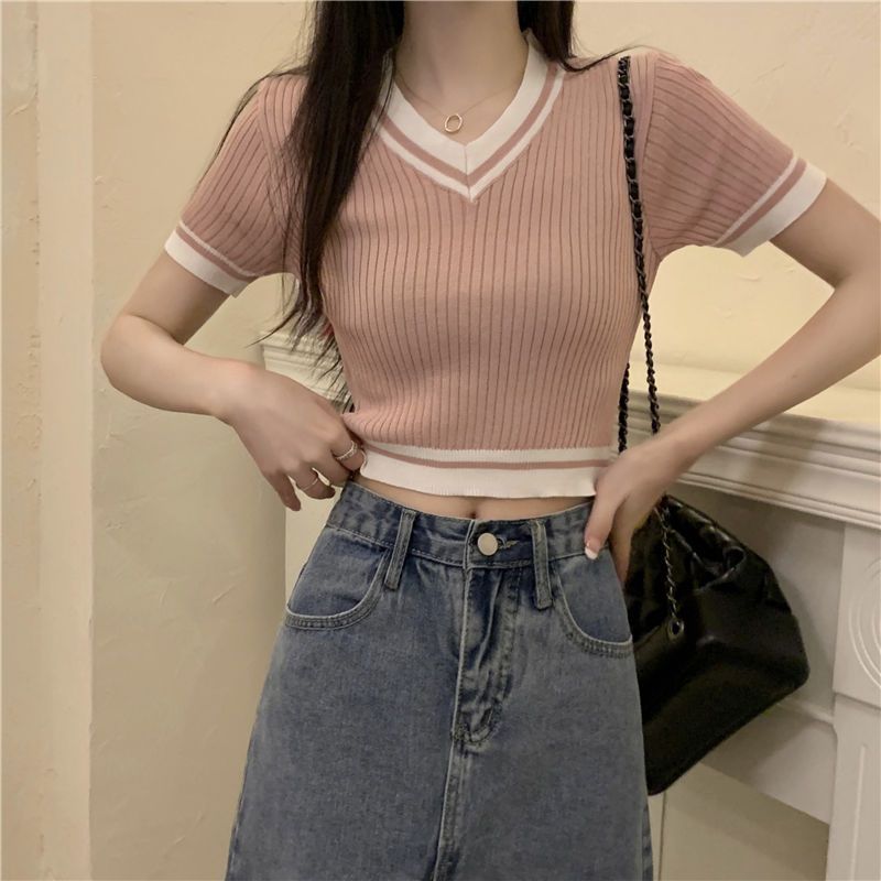 Spring/Summer Women's Slim Fit High Waisted Knit T-Shirt Short Sleeve Color Block French Style Sweet And Spicy Top_ecoleips.com
