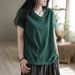 Dopamine Summer Wear: V-Neck Top With Label, Loose Fit, Suitable For Plus-Size Women; Short-Sleeved Design That Looks St_ecoleips.com