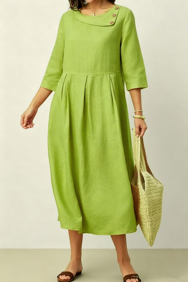 Women's Pleated Cotton Linen Dress Solid Color Casual Loose Button Crescent Neck Three Quarter Sleeve 2026 European And American_ecoleips.com