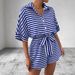 Summer New Women's Striped Lapel Cardigan Button Down Five-Sleeve Shorts Jumpsuit_ecoleips.com