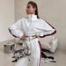Casual Women's Color Matching Suit, Long-sleeved Zipper Cardigan Jacket, Lace-up Striped Pants, Two-piece Set_ecoleips.com