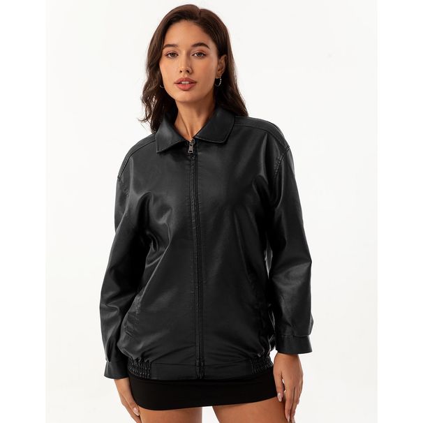 K Fashionable Loose Fitting Leather Jacket For Women, Long Sleeved Lapel Jacket_ecoleips.com