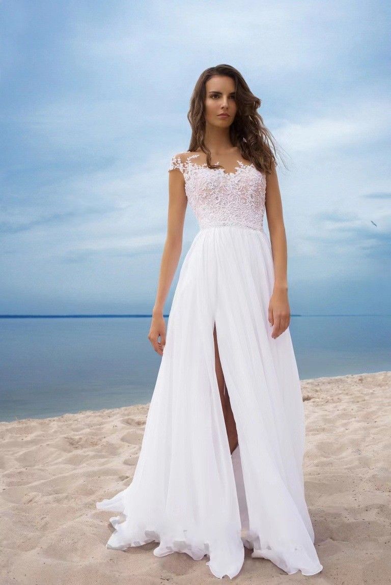 2024 New European American Lace Chiffon Ball Gown White Evening Dress With Slit And Large Hem_ecoleips.com