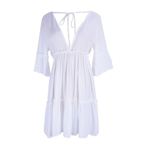 Women's Beach Vacation Sun Protection Cover-Up, Backless, Flared Sleeves, Deep V_ecoleips.com