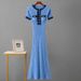 Women's High-End Denim & Knit Maxi Dress - Slim Waist Summer Long Skirt With Short Sleeves & Splicing Detail_ecoleips.com