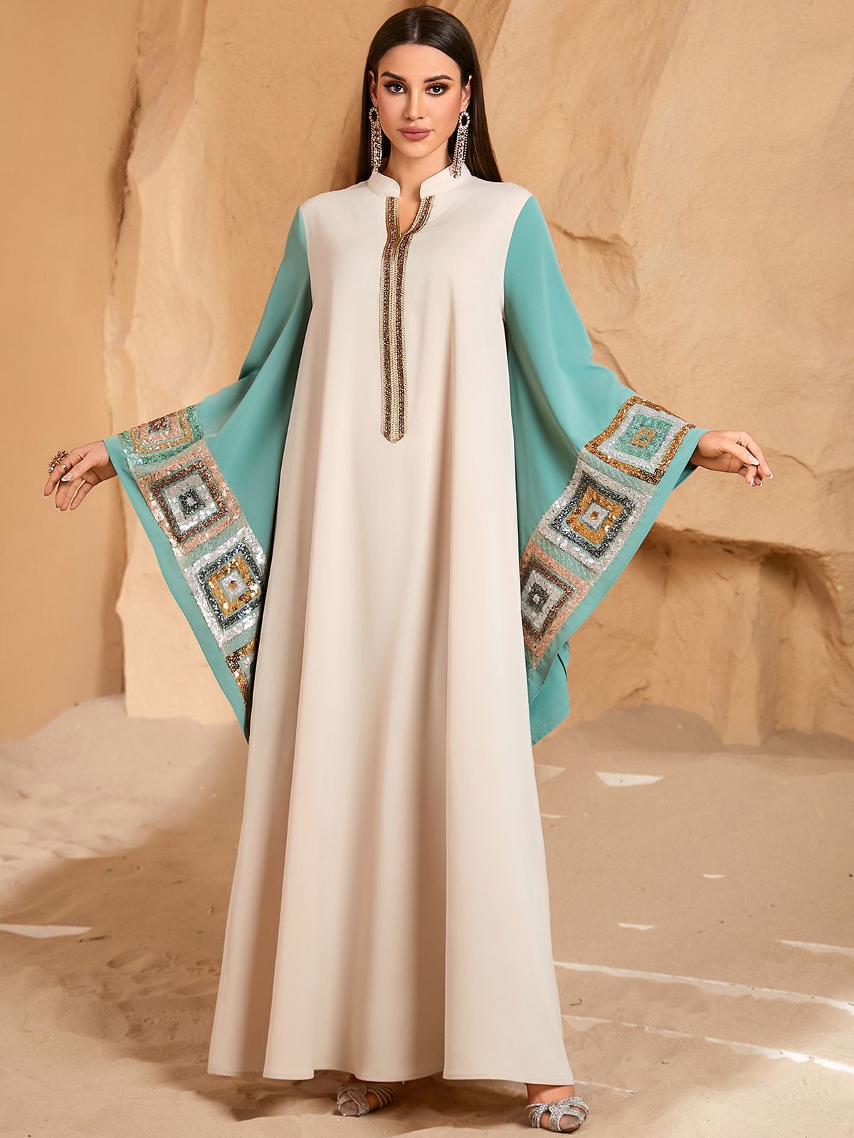 New 2026 Women's Kaftan Dress Long Sleeved Elegant Luxury European American Style Versatile Cross Border Robe for Everyday Wear_ecoleips.com