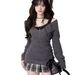 Women's 2 Piece Vintage Plaid Sweater Skirt Set – Sweet Lace Trim Knit Top And High Waist Mini Skirt For Fall_ecoleips.com
