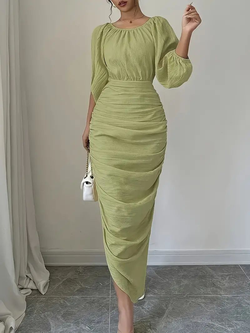 Women's Clothing Temperament Slim Fit Pleated Solid Color Dress_ecoleips.com