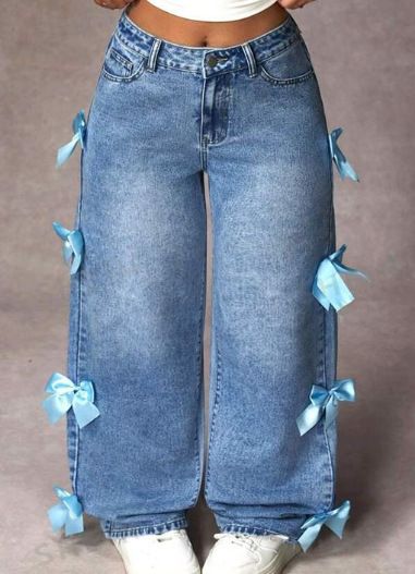 Women's Clothing Women's Bow Detail Straight Leg Jeans - High Waist Loose Wide Leg Pants For Casual Streetwear (Light Blue/ Dark Blue, Sizes 27-30)_ecoleips.com