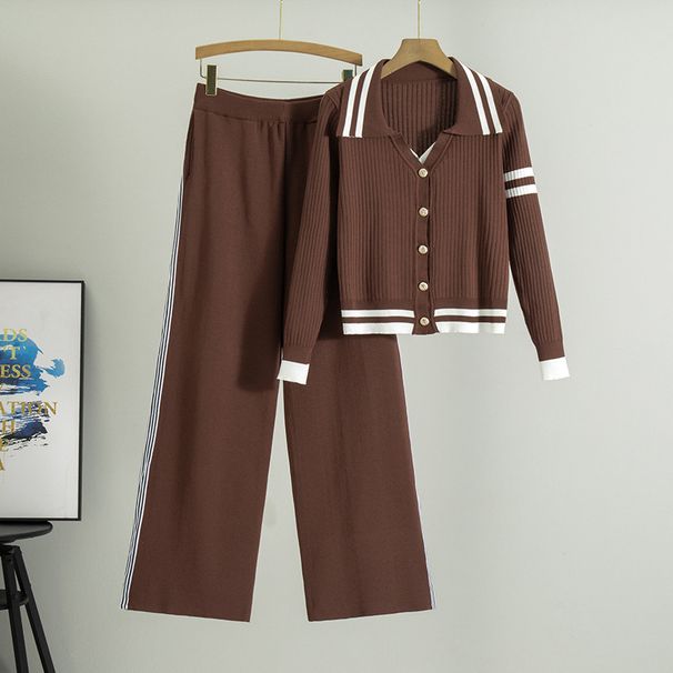 Women's Clothing Striped Contrast Color Knitted Cardigan Suit Women's Spring V Neck Top Coat High Waist Wide Leg Pants Two Piece Suit_ecoleips.com