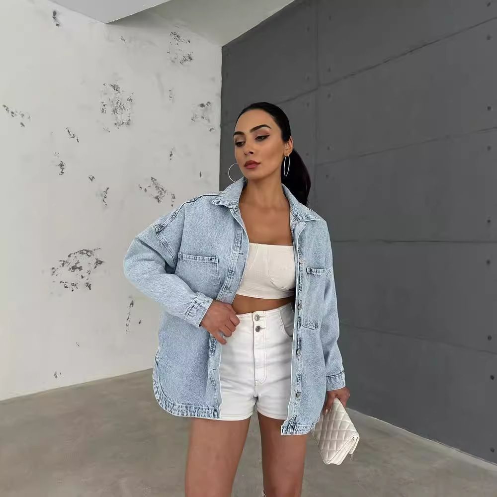Women's Clothing Retro Washed Old Bf Style Oversize Long Sleeved Denim Jacket For Women Autumn And Winter Drape Single Breasted Top_ecoleips.com
