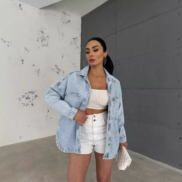 Women's Clothing Retro Washed Old Bf Style Oversize Long Sleeved Denim Jacket For Women Autumn And Winter Drape Single Breasted Top_ecoleips.com