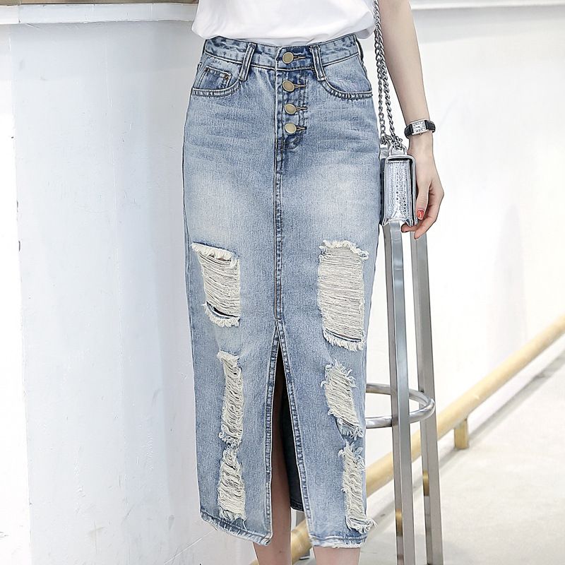 Verve Denim Midi Korean Style Frayed Over-the-Knee Bodycon Versatile Front Slit Slimming Pencil Skirt For Women_ecoleips.com