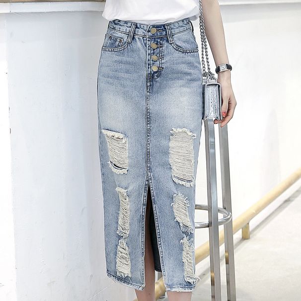 Verve Denim Midi Korean Style Frayed Over-the-Knee Bodycon Versatile Front Slit Slimming Pencil Skirt For Women_ecoleips.com