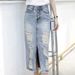Verve Denim Midi Korean Style Frayed Over-the-Knee Bodycon Versatile Front Slit Slimming Pencil Skirt For Women_ecoleips.com