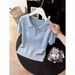 Summer New Women's Sweet Light Blue Collared Short Sleeve Knitted Top Korean Style Gentle Soft T-Shirt 2026_ecoleips.com