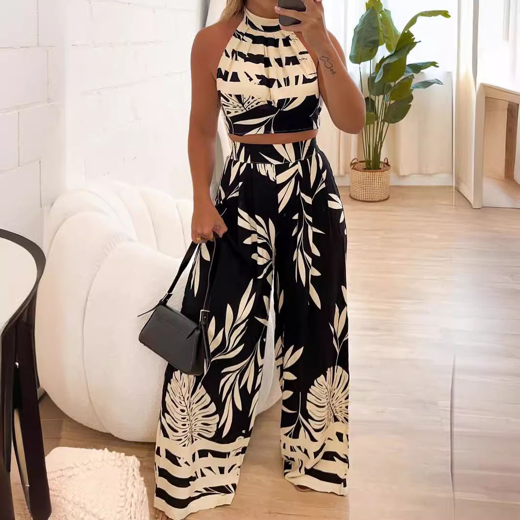 Women's Clothing Spring And Summer New Women's Fashion Temperament Printed Halter Backless Straight Pants Two Piece Set_ecoleips.com