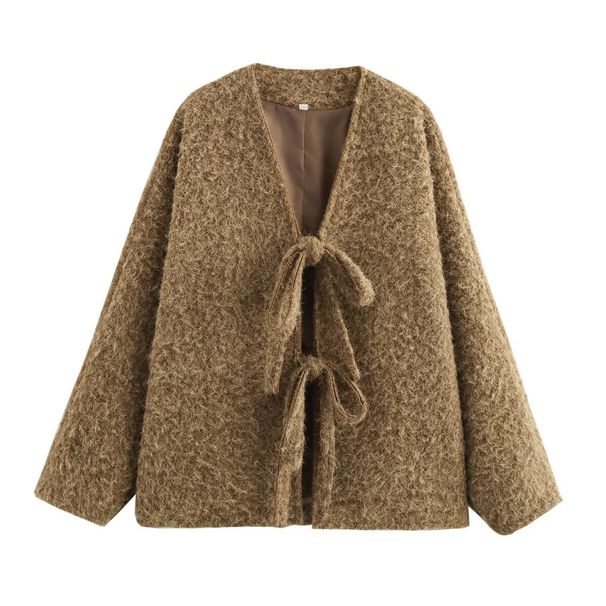 Oversized V-Neck Belted Wool Coat – Street Style Longline Duster In Dark Brown & Silver Gray (S-L)_ecoleips.com