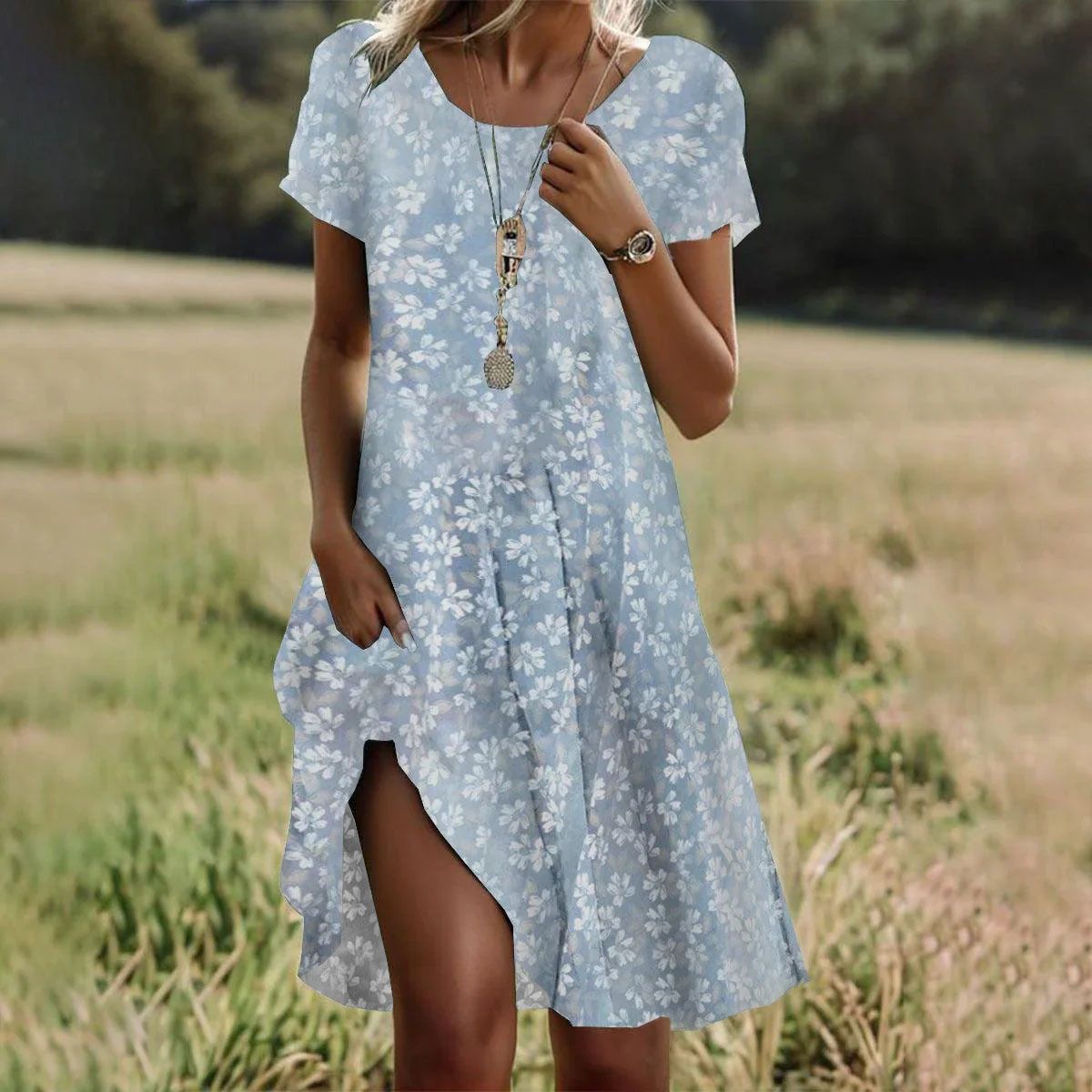 Women's Clothing Ethnic Style Dress Large Round Neck Mid Length Literary Design Summer_ecoleips.com