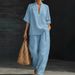 20226 Summer Fashion Casual European American Cross-Border Linen Cotton Solid Color T-Shirt And Pants Set V-Neck Pocket_ecoleips.com