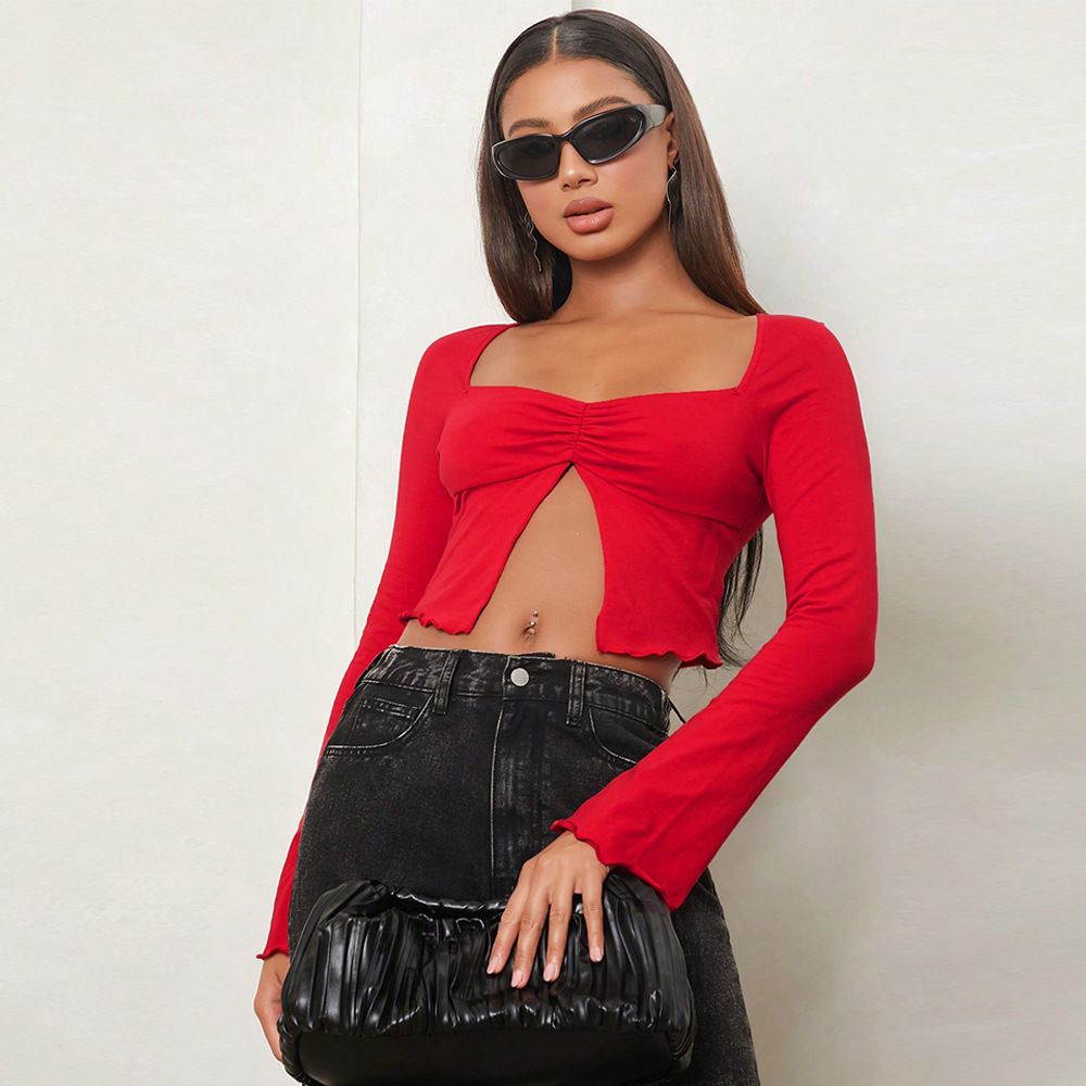 Voya Women's Clothing European And American Women's Clothing 2026 Spring/summer Retro Sexy Slim-fit Short Long-sleeve T-shirt_ecoleips.com