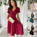 Women's Clothing Sexy V Neck Solid Color Short Sleeved Mid Length Dress_ecoleips.com