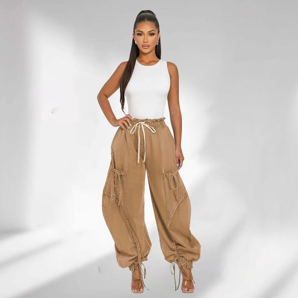 Women's Clothing Slim Straight Jeans Elastic Waist Drawstring Tie Leg Bow Casual Loose Fit Denim_ecoleips.com
