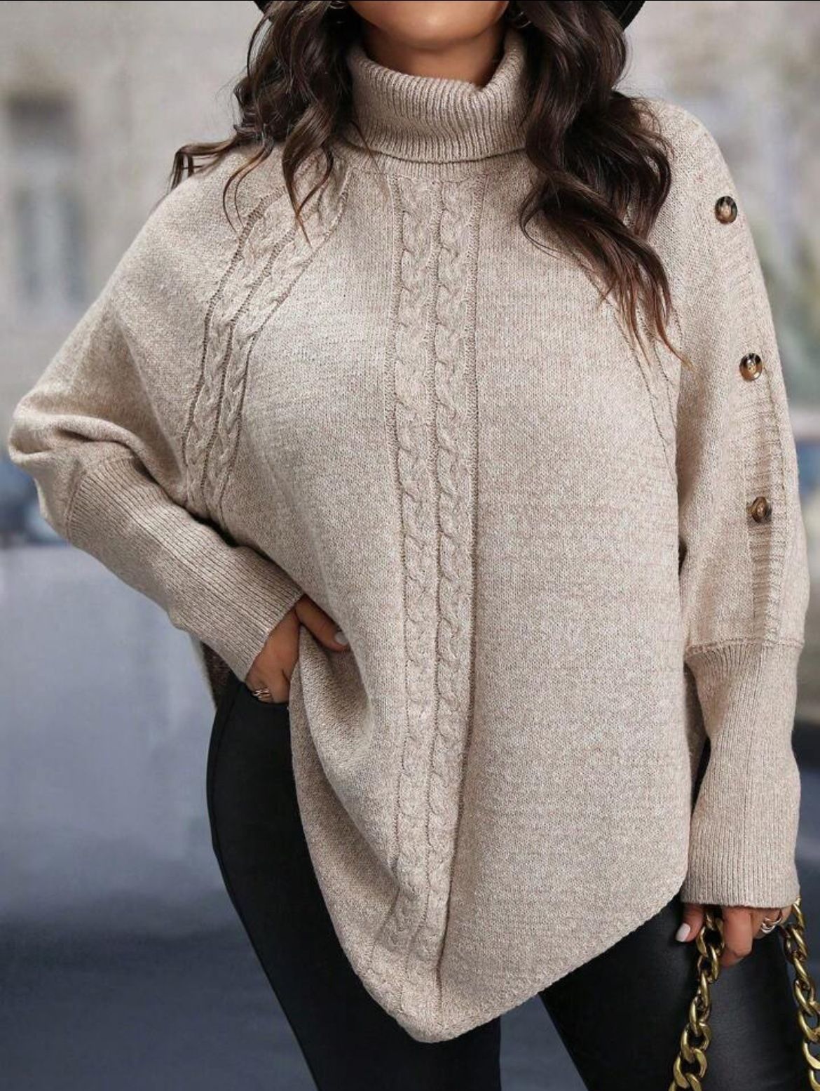 Textured Cable-Knit Sweater – Oversized Batwing Sleeve Pullover With Button Accents (S-XL, Minimalist Neutrals, Avant-Garde Streetwear Staple)_ecoleips.com